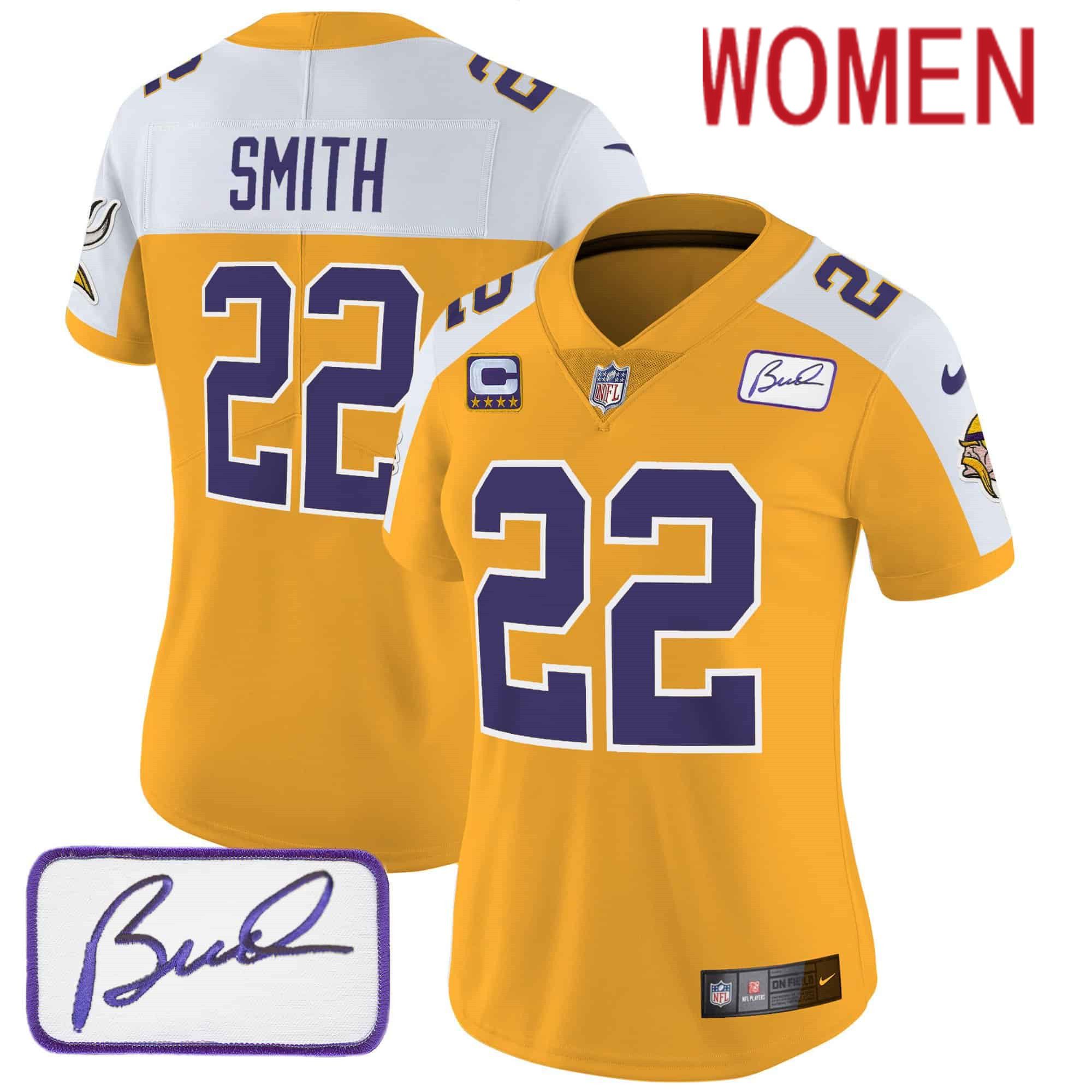 Women Minnesota Vikings #22 Smith Yellow 2024 Nike Bud Grant Patch Classic Limited NFL Jersey style 1